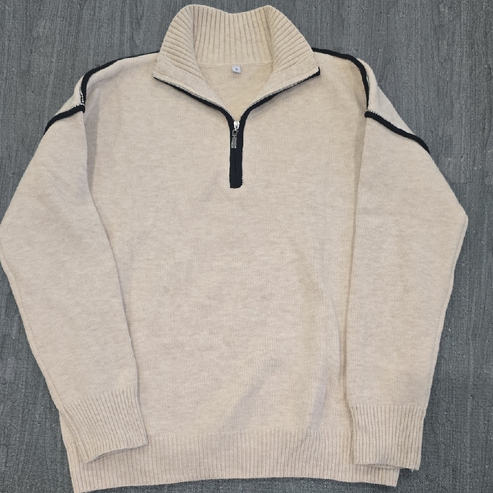 Women's 2025 Cream Half-Zip Sweater Pullover With Black Detail Small NWOT